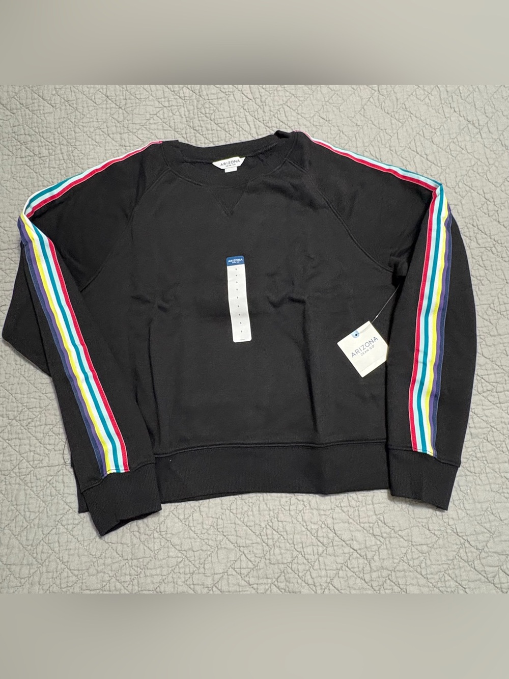 Arizona Jean Company Black Crewneck Sweatshirt with Rainbow Stripe Sleeves
